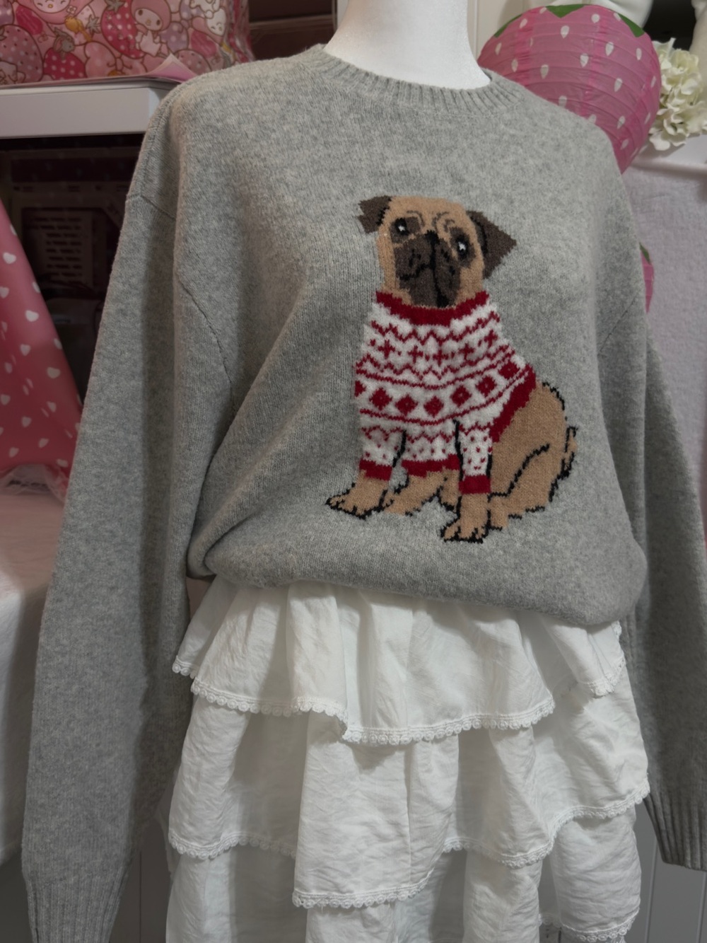 Hollister Gray Crewneck Sweater with Pug Winter Top Cute Puppy Fall Outfits Cozy
